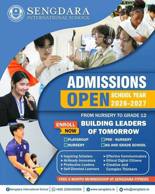 Sengdara International School Admissions Open 2026–2027 poster featuring secondary learners, school programmes, and enrolment information.
